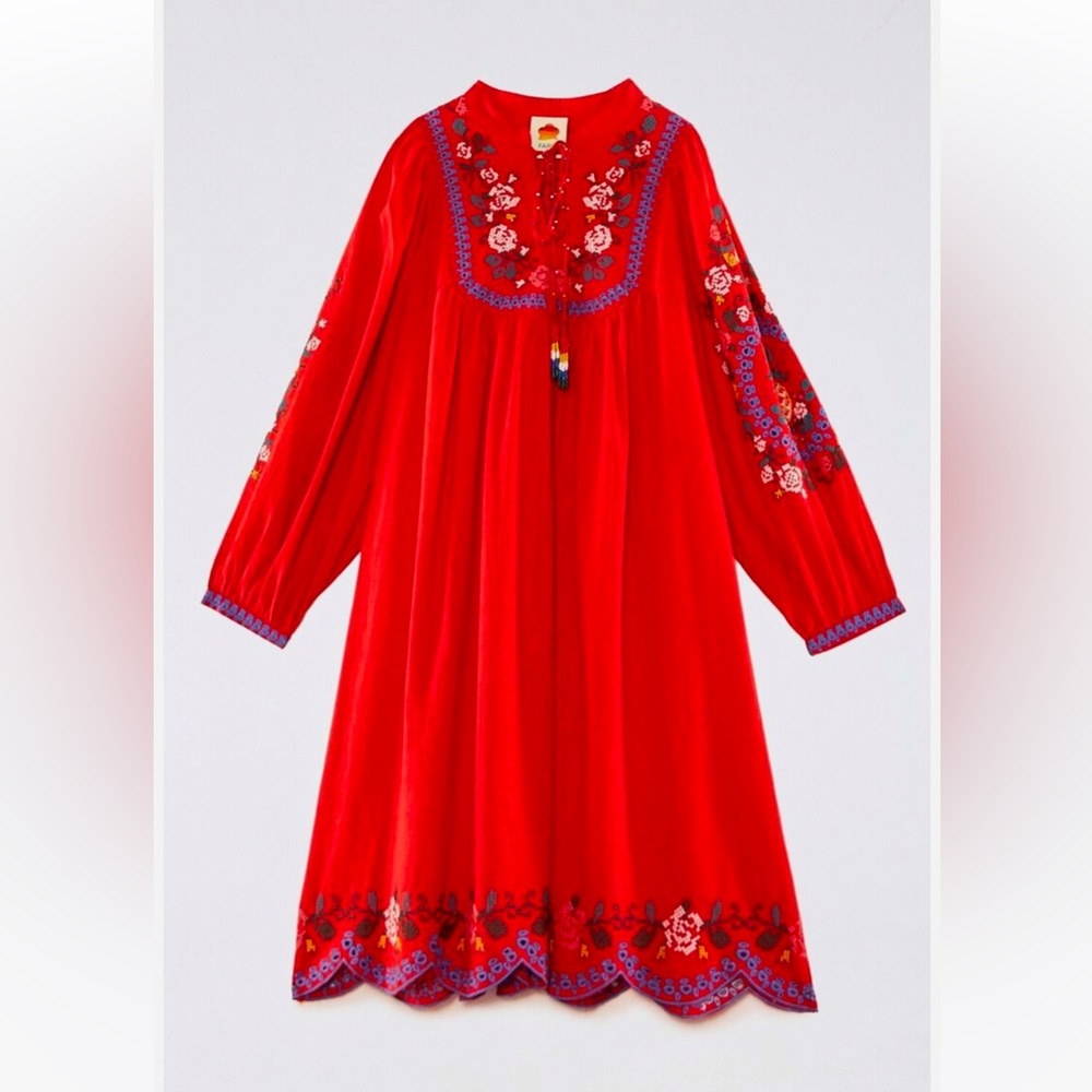 FARM RIO Red Floral Cross Stitch Embroidered Voluminous Sleeve Beaded Midi Dress